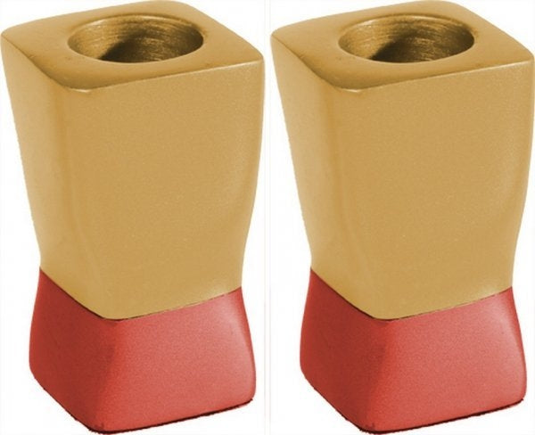 Anodized Aluminum Shabbat Candlesticks Gold / Red Small (EM-CSD2) - Riverdale Judaica