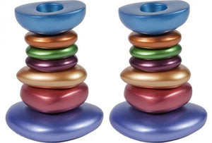 Anodized Aluminum Shabbat Candlestick - Stone Tower Multicolor (EM-CSG2) - Riverdale Judaica