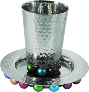 Kiddush Cup and Plate with Beads Silver/ Multicolor (EM-CUA2) - Riverdale Judaica