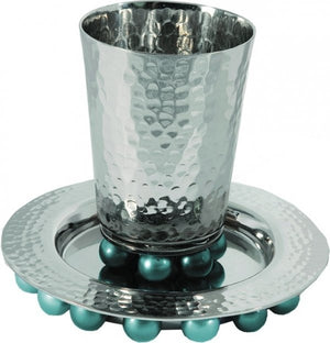 Kiddush Cup and Plate with Beads Silver/Turquoise (EM-CUA3) - Riverdale Judaica