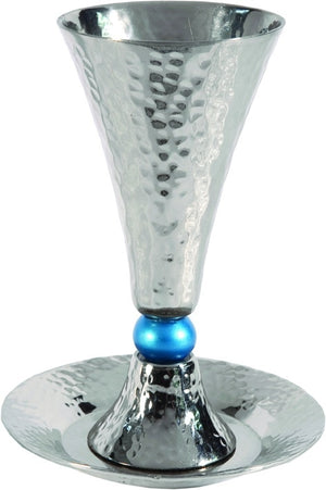 Anodized Aluminum Kiddush Cup & Tray Hammered Cone Shape Silver / Turquoise (EM-CUC4) - Riverdale Judaica