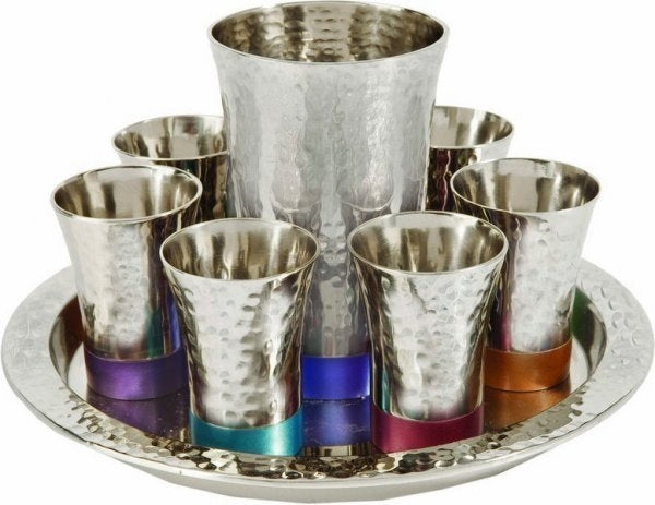 Nickel Kiddush Set - Cup + 6 Cups + Tray - Hammer work Silver/ Multicolor (EM-GSA2)
