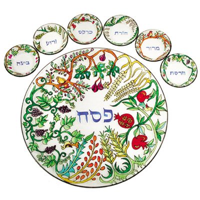 Emanuel Glass 7 pc. Seder Plate Seven Species (EM-SPGL2) - Riverdale Judaica