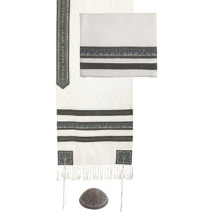 Embroidered Stripes Tallit - White / Grey (EM-TAD1GR) - Riverdale Judaica