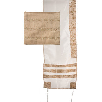 Tallit Organza - Embroidered Stripes Gold (EM-TRG1G ) - Riverdale Judaica