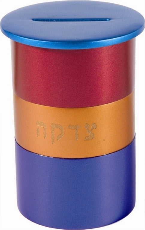 Anodized Aluminum Tzedakah Box Round Multicolor (EM-TZA5) - Riverdale Judaica