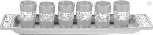 Set of 6 Cups + Plate Kiddush Set with Silver Lace- Aluminum (EM-GD1) - Riverdale Judaica