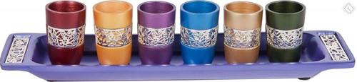 Set of 6 Cups + Plate Kiddush Set with Silver Lace- Multicolor (EM-GD2) - Riverdale Judaica