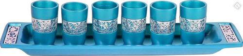 Set of 6 Cups + Plate Kiddush Set with Silver Lace- Turquoise (EM-GD3) - Riverdale Judaica