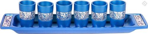 Set of 6 Cups + Plate Kiddush Set with Silver Lace- Blue (EM-GD4) - Riverdale Judaica