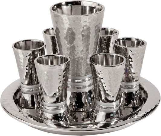 Emanuel Hammered Kiddush Set Cone Shape- Silver Rings (EM-GSC3) - Riverdale Judaica