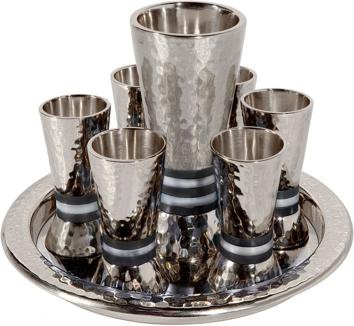 Emanuel Hammered Kiddush Set Cone Shape- Black Rings (EM-GSC4)
