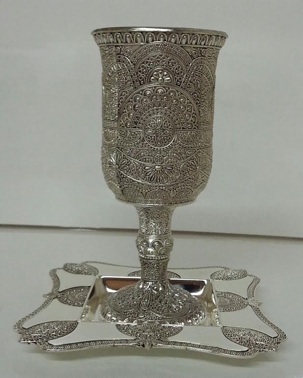 Kiddush Cup with Stem and Matching Tray Silver Plated Filigree Design (KC-X1292) - Riverdale Judaica