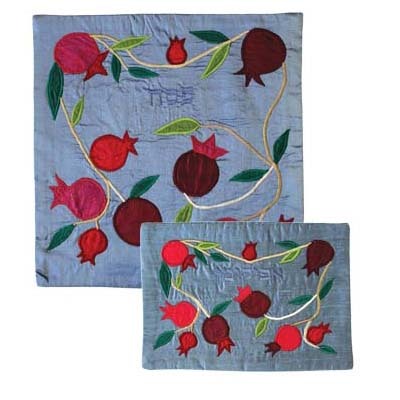 Raw Silk Matzah Cover- Pomegranates Blue (EM-MAS36) - Riverdale Judaica