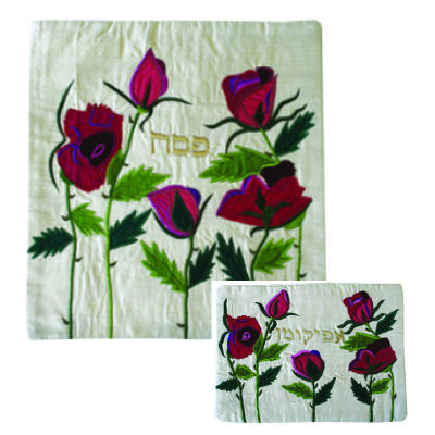 Raw Silk Matzah Cover -Roses White (EM-MAS37)