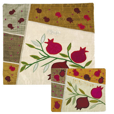 Raw Silk Matzah Cover Pomegranates Gold (EM-MAS3)