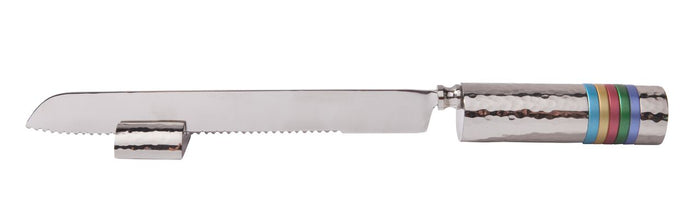 Emanuel Challah Knife Hammered with Rings-- Multicolor Rings (EM-NSD1)