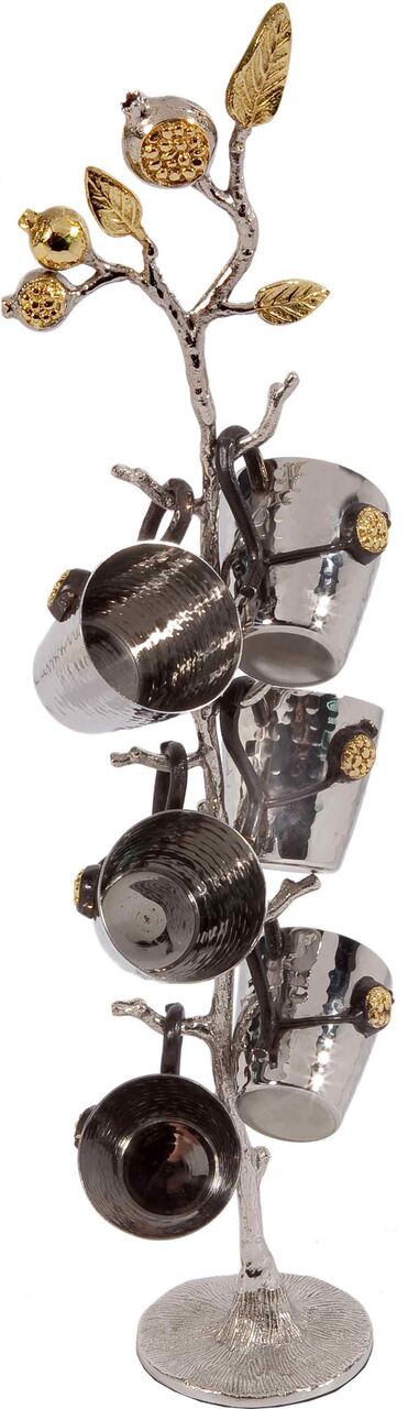 Emanuel Set of 6 Hammered Liquor Cups on Pomegranate Branch Stand (EM-SEA1) - Riverdale Judaica