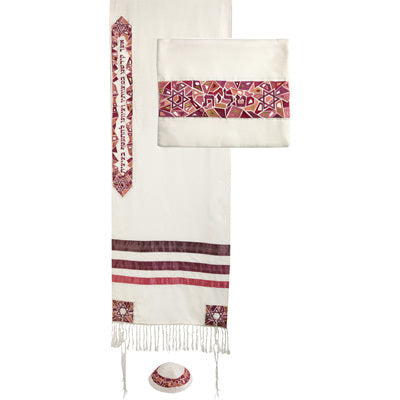 Emanuel Embroidered Tallit, Magen David-- Pink/Maroon (EM-TAE1M) - Riverdale Judaica