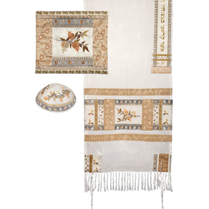 Tallit- Full Embroiderey Pomegranates- Gold (EM-TAH3G) - Riverdale Judaica