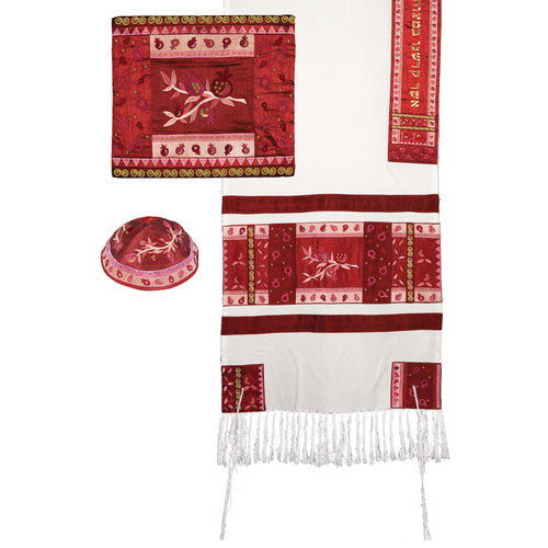 Tallit- Full Embroiderey Pomegranates- Pink (EM-TAH3P) - Riverdale Judaica