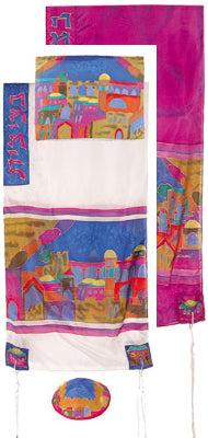 Yair emanuel Hand-Painted Silk Tallit  - Jerusalem Gate 21" x 77" TS-3