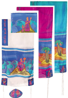Yair emanuel Hand-Painted Silk Tallit  - Miriam and Debora 21" x 77" TS-2