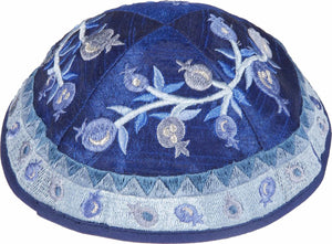 Emanuel Embroidered Kippah, Pomegranates-- Blue (EM-YME13B) - Riverdale Judaica